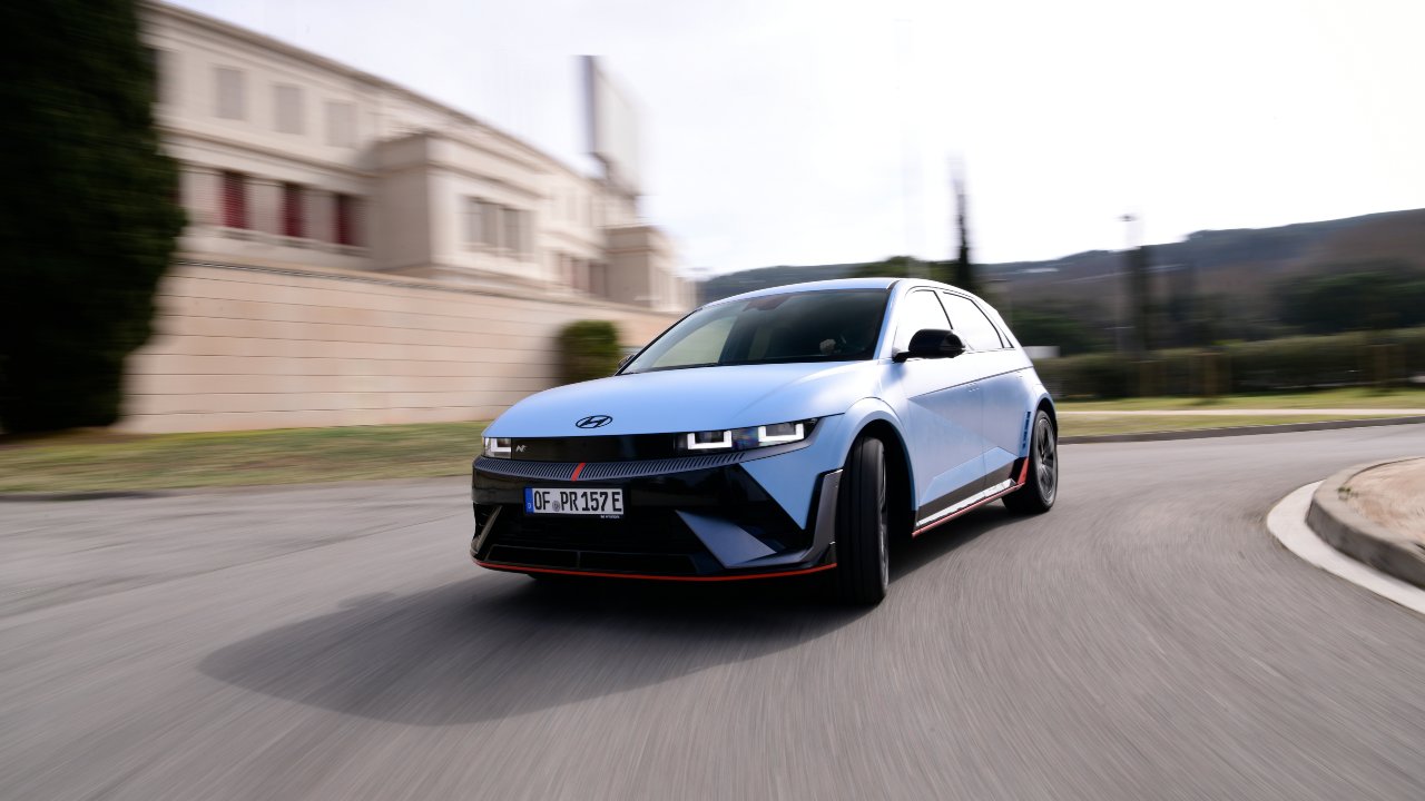 Blue Hyundai IONIQ 5 N Exterior Front Driving in Barcelona