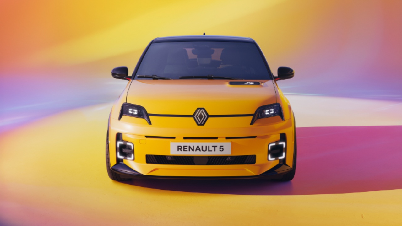 Yellow Renault 5 E-Tech Electric Exterior Front Static In Studio