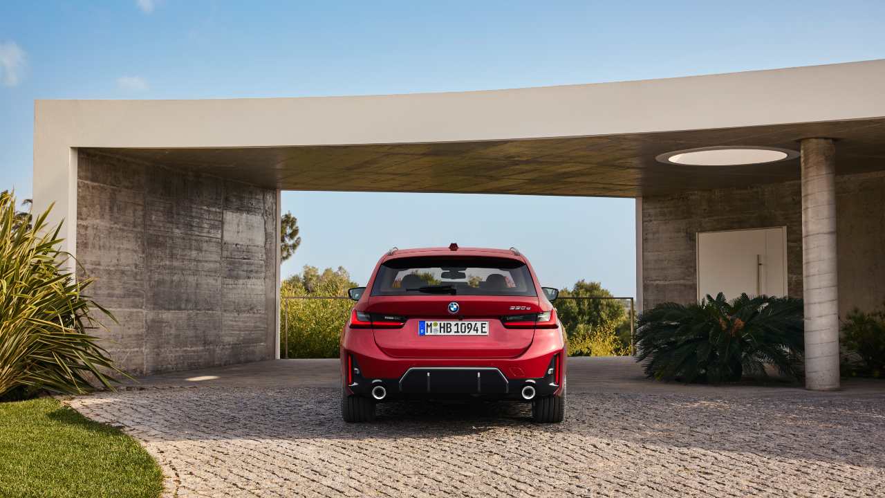 Red BMW 330e Touring Exterior Rear Outside Home