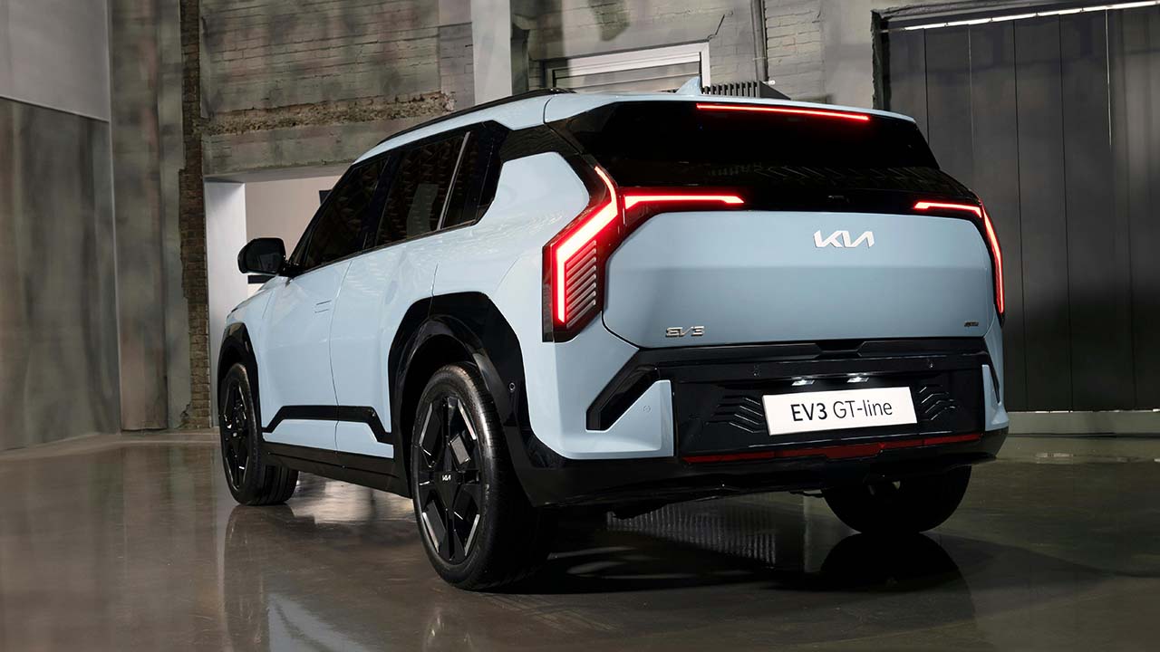 Blue Kia EV3 Exterior Rear in Warehouse